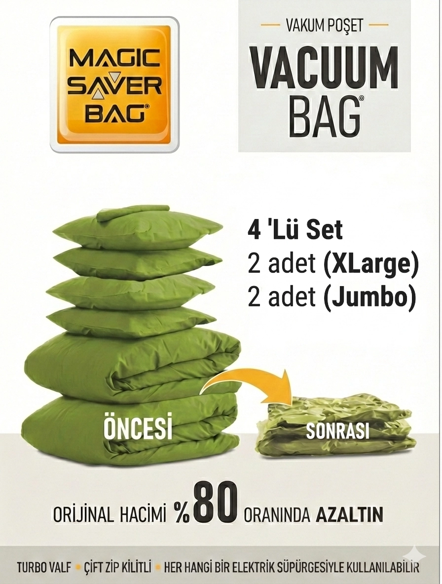 4 ADET (2 XL + 2 JUMBO )  Vakumlu Poşet