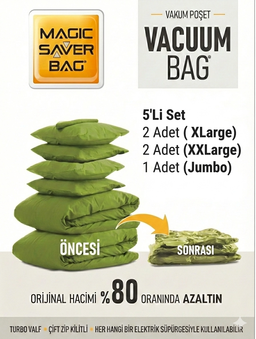 5 Adet ( 2 XL + 2 XXL + 1 JUMBO ) Vakumlu Poşet