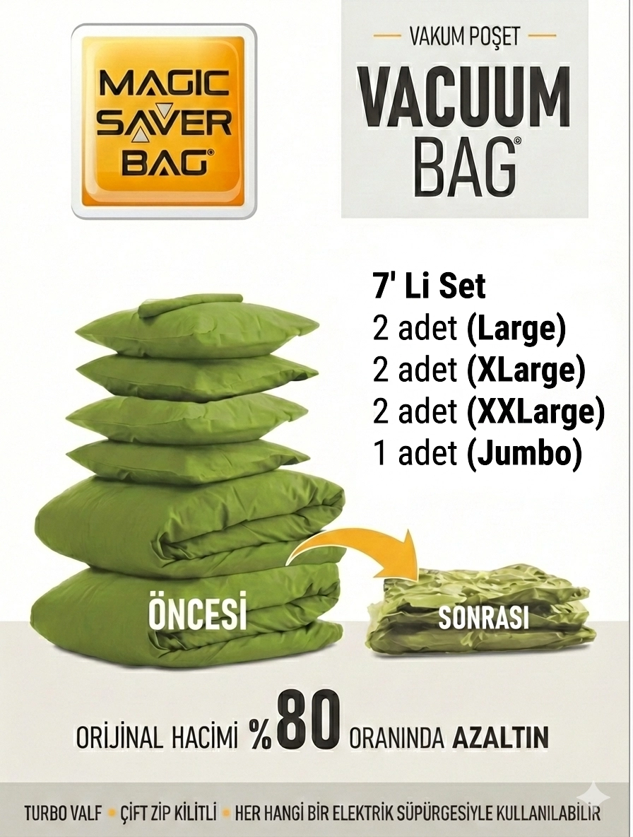7 Adet Vakumlu  Poşet ( 2L + 2XL+ 2XXL + 1JUMBO )