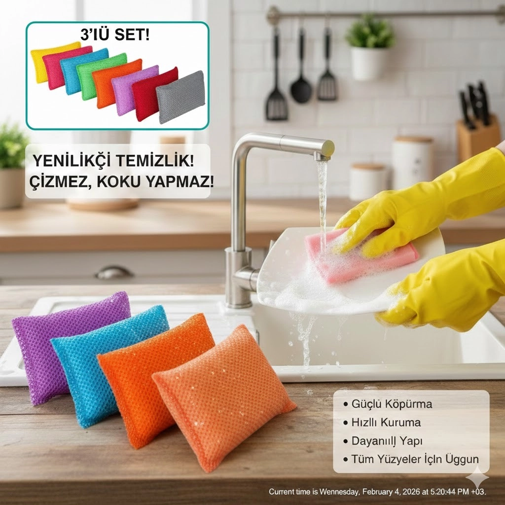 Premium 3’lü Mikrofiber Dokulu Bulaşık Süngeri Seti 