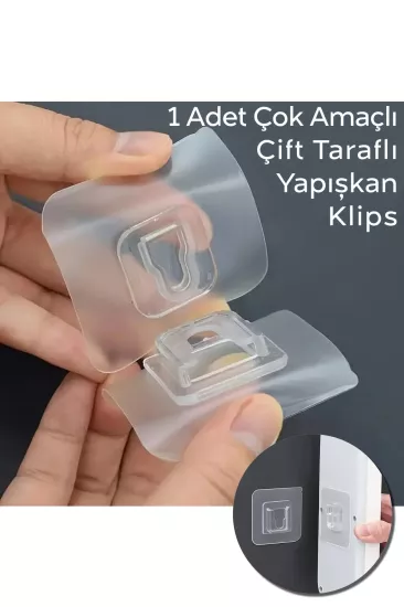 Çift Taraflı Yapışkanlı Geçmeli Klips Eşya Sabitleme Askısı Şeffaf Duvar Kancası (1) Adet