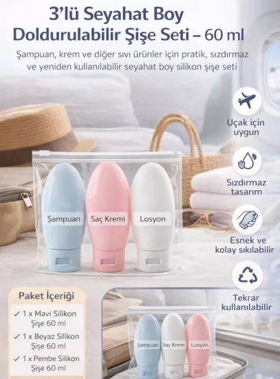 Çok Amaçlı Yeni Tarz Doldurulabilir Çantalı Seyahat Tipi Şişe Seti (3 Adet )