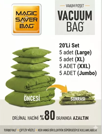 20 Adet ( 5 L + 5 XL + 5 XXL + 5 JUMBO) Vakumlu Poşet