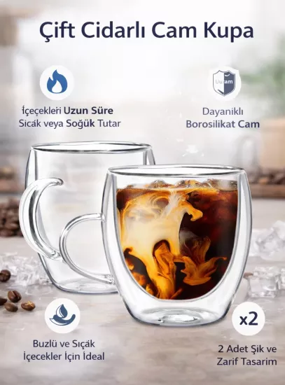 Çift Cidarlı Cam Kupa (2 Adet)